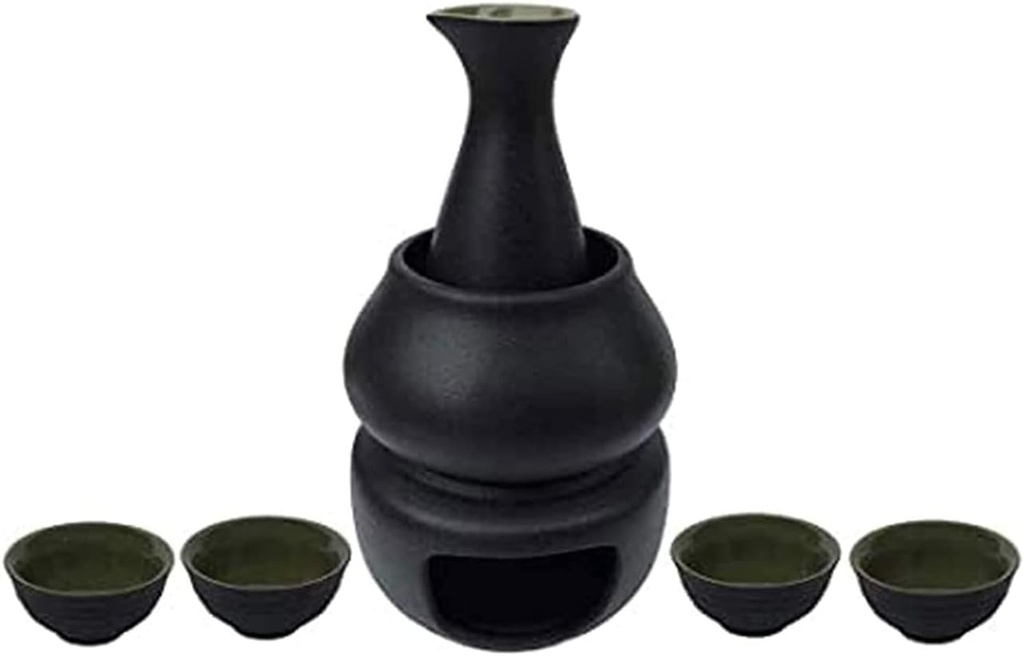 weining Traditional Sake Set Ceramic Hot Kawasaki Set of 7 ，Including 1 Candle Oven 1 Cup 1 Sake Cup and 4 Sake Cups ，Black Green