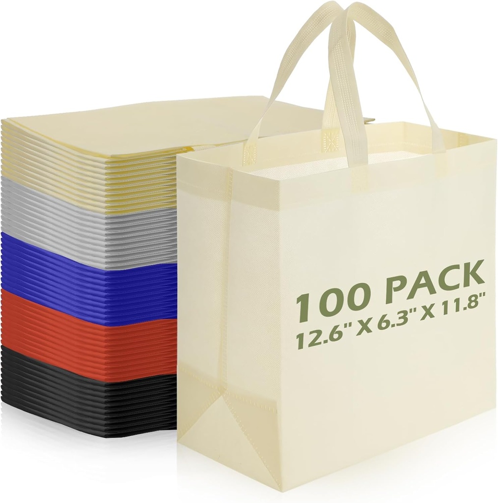 Reginary Reusable Totes Bags - 100 Pcs Non Woven Grocery Handle Bags for Shop Events & Retail Store(Multicolor)