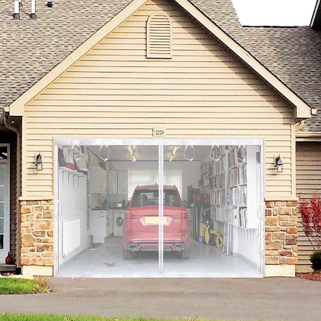 Magnetic Garage Screen Door for 1 Car Garage 8x7ft, Durable Heavy Duty Fiberglass Screen Mesh, Doors Screen with Magnets for single Garage Doors Breathable, Easy Assembly & Pass-Through (8x7ft, White)