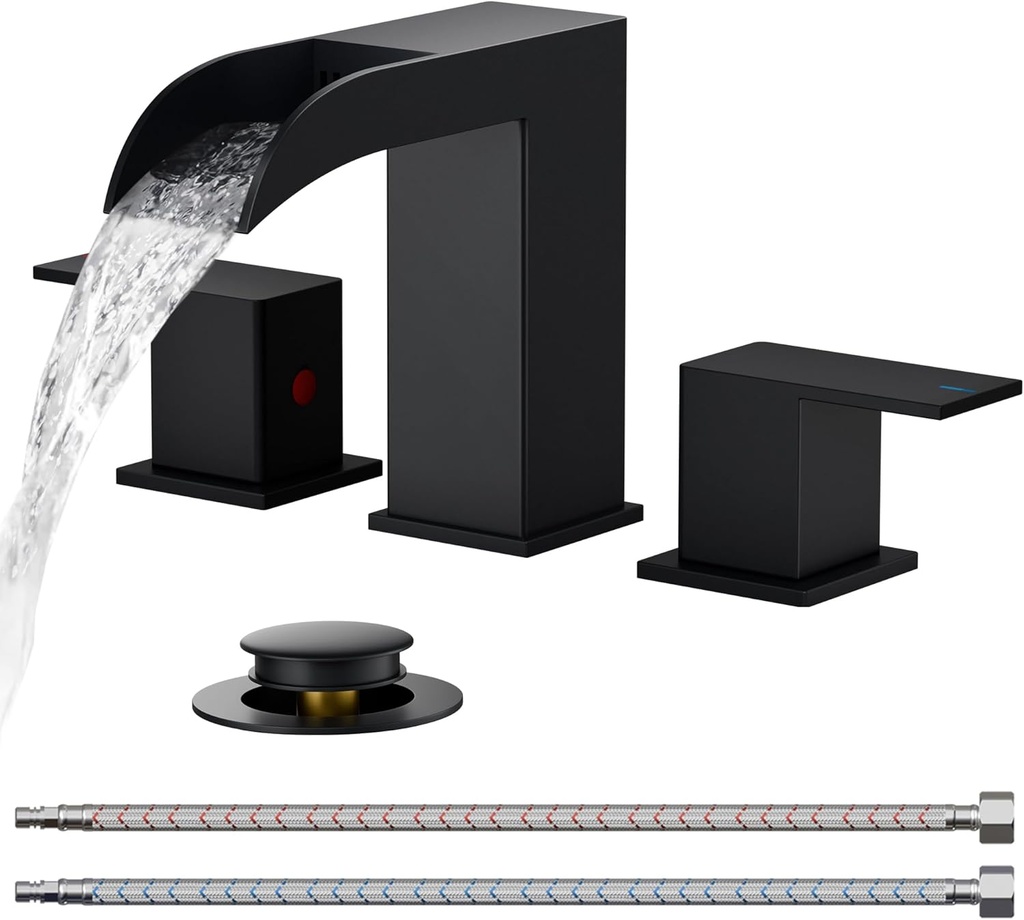 FORIOUS Waterfall Bathroom Faucets 3 Hole, 8 Inch Widespread Square Matte Black Bathroom Sink Faucet with Metal Pop-up Drain and cUPC Supply Lines, Two Handles for Vanity, Restroom, Commercial