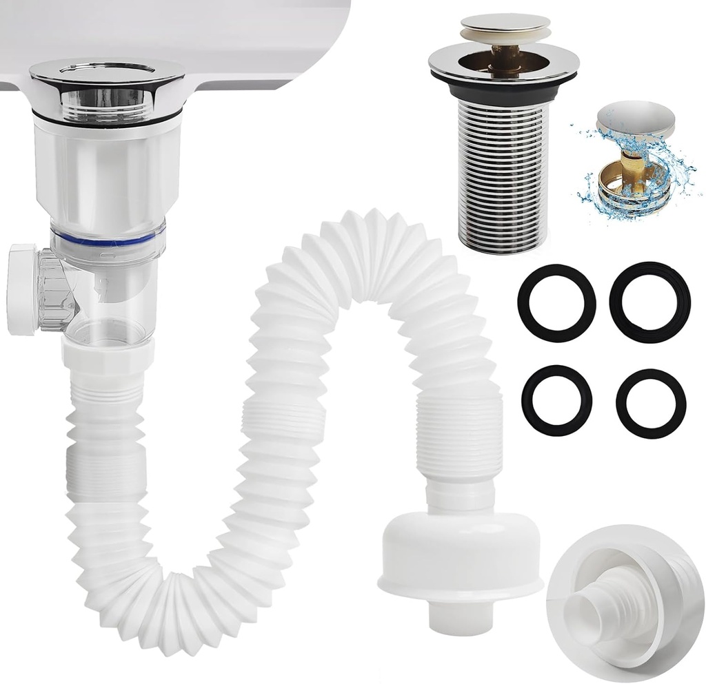 Bathroom Sink Drain Pipe Kit,Bathroom Sink Drain with Strainer Basket Hair Catcher and pop-up Stopper Flexible Sink Drain Pipe P-Trap，Suitable for drains Including for 1-1/4'' & 1-1/2''，RuQiankun