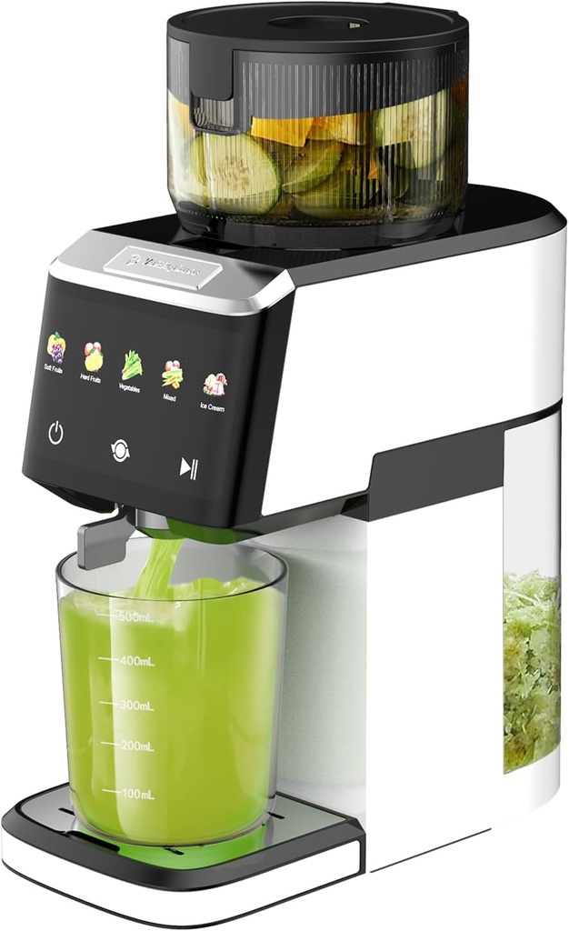 CFR606 Juicer Machines,Cold Press Juicer.Touch Sensing Function,Double Filter Screen,5.3"Wide Feed Chute,350W Slow Masticating Juicer for Whole Vegetables & Fruits,Easy to Clean(Pearl White)