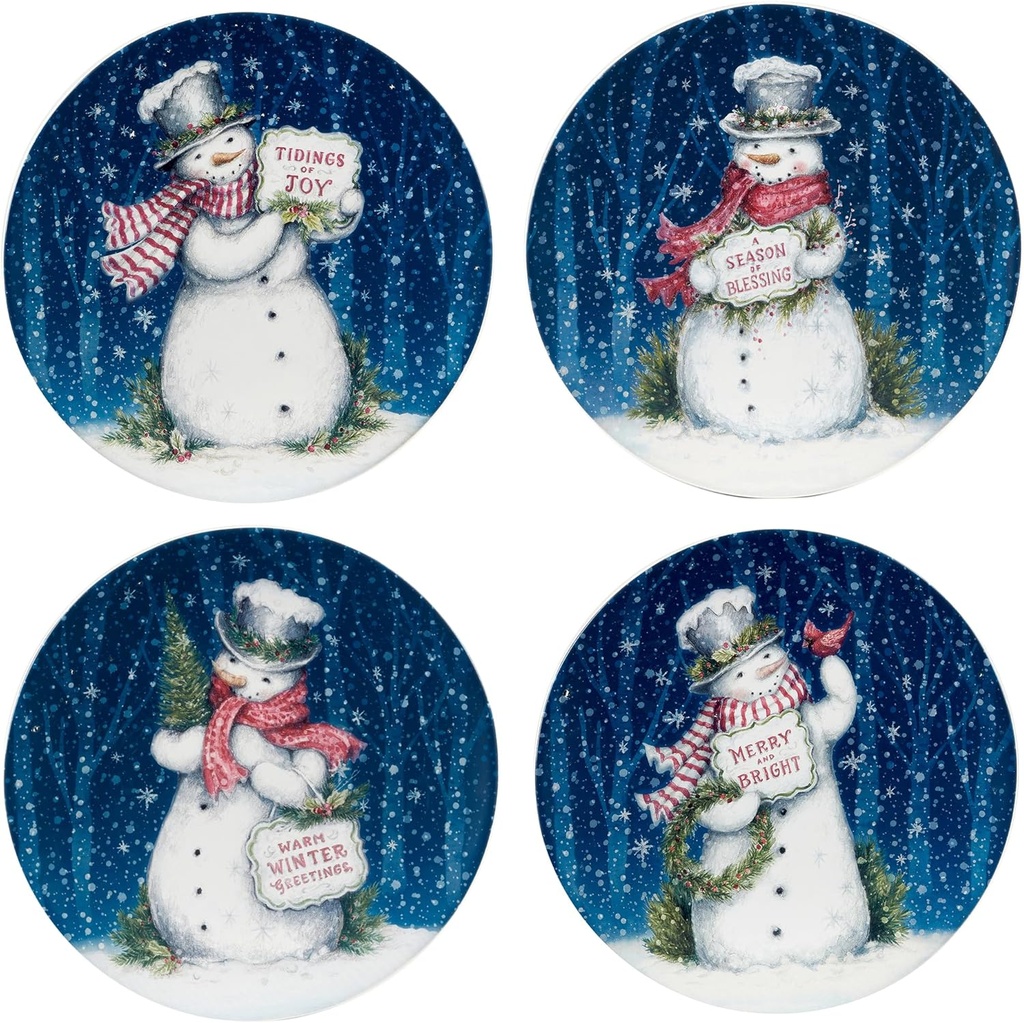 Certified International Snowman Greetings Set of 4 Ceramic Dinner Plates – Capture winter’s wonder with cheerful snowmen, festive scarves, and snowy blue backdrops perfect for Christmas meals 11"