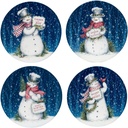 Certified International Snowman Greetings Set of 4 Ceramic Dinner Plates – Capture winter’s wonder with cheerful snowmen, festive scarves, and snowy blue backdrops perfect for Christmas meals 11"