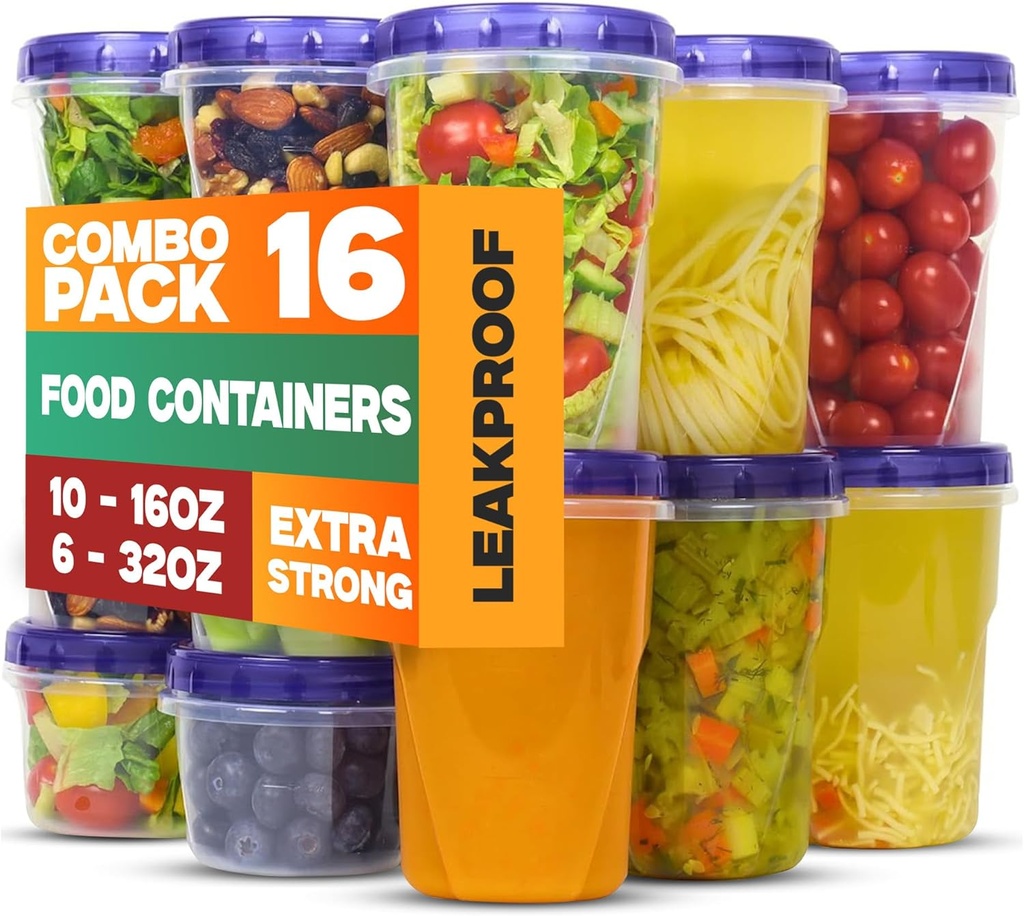16 Plastic Containers with Screw On Lids - [32 & 16 Oz] - Soup & Salad Food Storage Containers Takeout To Go - Microwave, Freezer & Dishwasher Safe BPA-Free