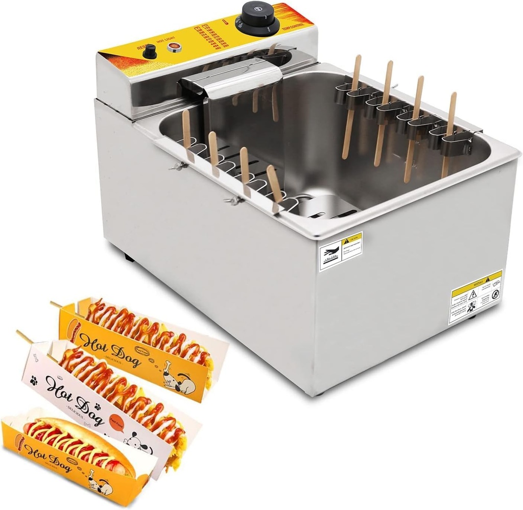 12 L Commercial Corn Dog fryer Korean Corndogs Hot Dogs Maker Machine Waffle Stick Maker Mozzarella with 8 detachable hooks for Snack Stainless Steel