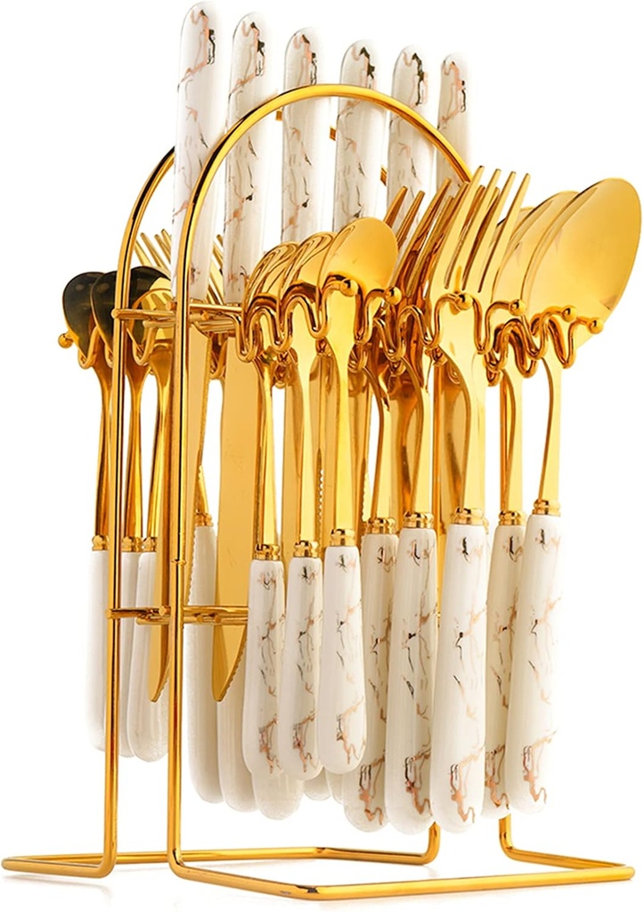 24-Piece Gilded Stainless Steel Flatware Set,Kitchen Utensil Tableware Cutlery Set Service for 6, Steak Cutlery Set for Home and Restaurant (White)…