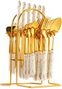 24-Piece Gilded Stainless Steel Flatware Set,Kitchen Utensil Tableware Cutlery Set Service for 6, Steak Cutlery Set for Home and Restaurant (White)…