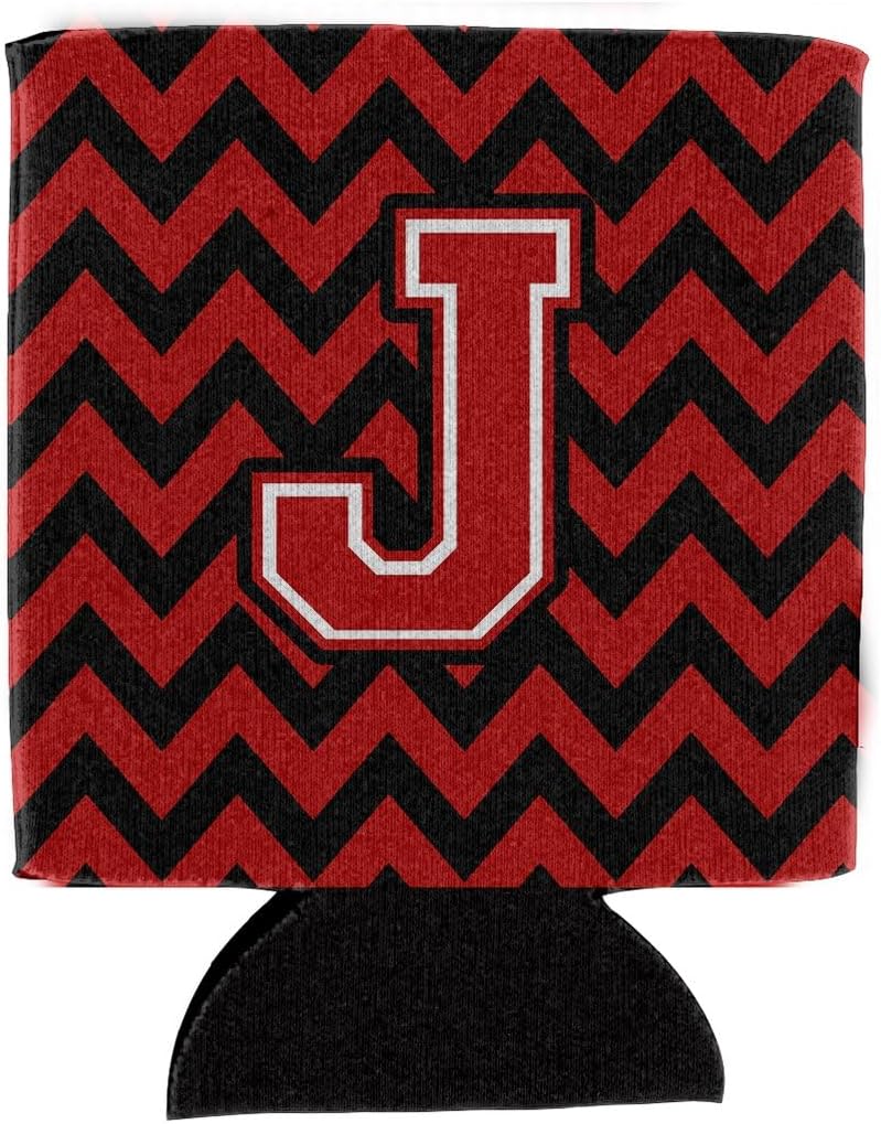 Caroline's Treasures CJ1047-JCC Letter J Chevron Black and Red Can or Bottle Hugger Cooler Washable Drink Sleeve Collapsible Beverage Insulated Holder, Can Hugger, Multicolor