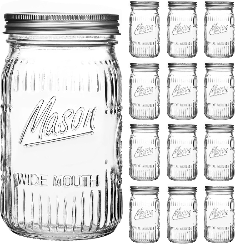 12 Pack 32 oz Wide Mouth Mason Jars - Heavy Duty Glass Storage Jars with Airtight & Leak Proof Lids for Pickling, Canning, Food Storage, Flour, Sugar, Pasta, Oats & DIY Projects (12pack 32oz)