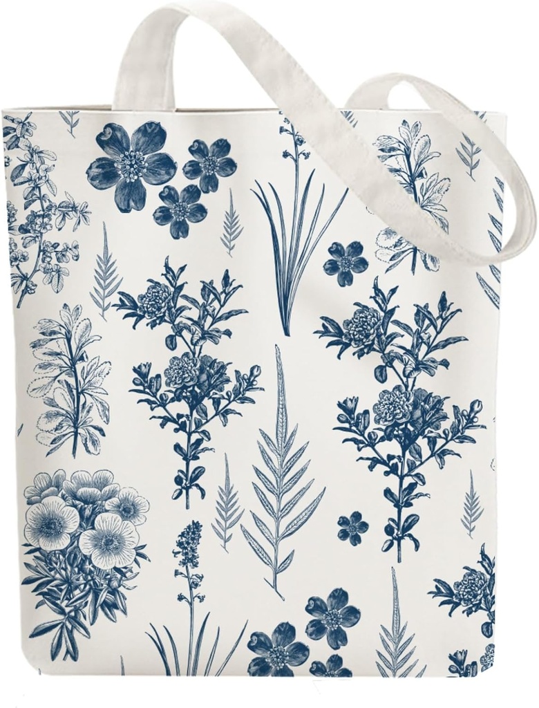 ANATTASOUL Canvas Tote Bag Blue Flower and Leaf Reusable Cotton Bag for Women, Durable Cloth Shoulder Bags with Zipper Pockets for Shopping, Vacation, Work, Gym