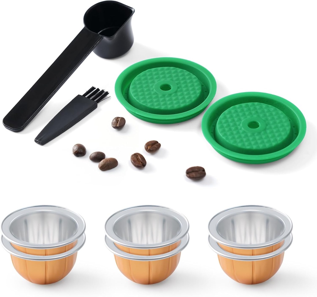 Pack of 2 Reusable Coffee Capsule Lids with 6 Capsule Shell- 80/150/230ml, Food Grade Silicone Refillable Coffee Pods Cap for Original Vertuo-line and Vertuo Capsules, Green