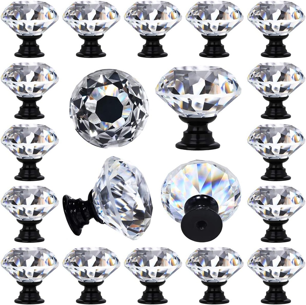 DEELF 26 Packs Kitchen Cabinet Knobs, 30 mm Crystal Cabinet Knobs, Diamond Dresser Handle Drawer Pulls, Dresser Knobs for Cabinets and Drawers, Black Base