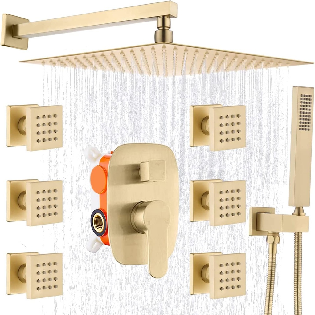 AYIVG Bathroom Square 12 Inch Rainfall Shower Faucet System With 6 PCS Body Jets Mixer Set (Wall Mount, Brushed Gold)