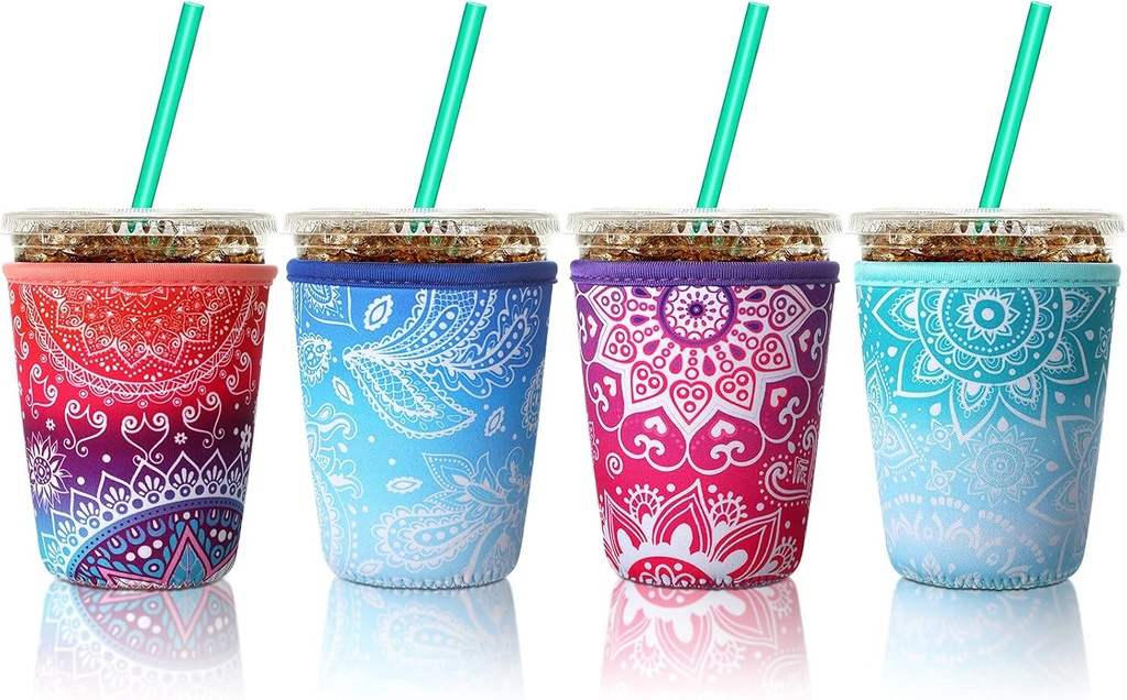 Patelai 4 Pieces Reusable Iced Coffee Sleeve Cup Insulator for Cold Drinks Beverages and Holder for Most Coffee(16-20 oz Small,Flower Style)