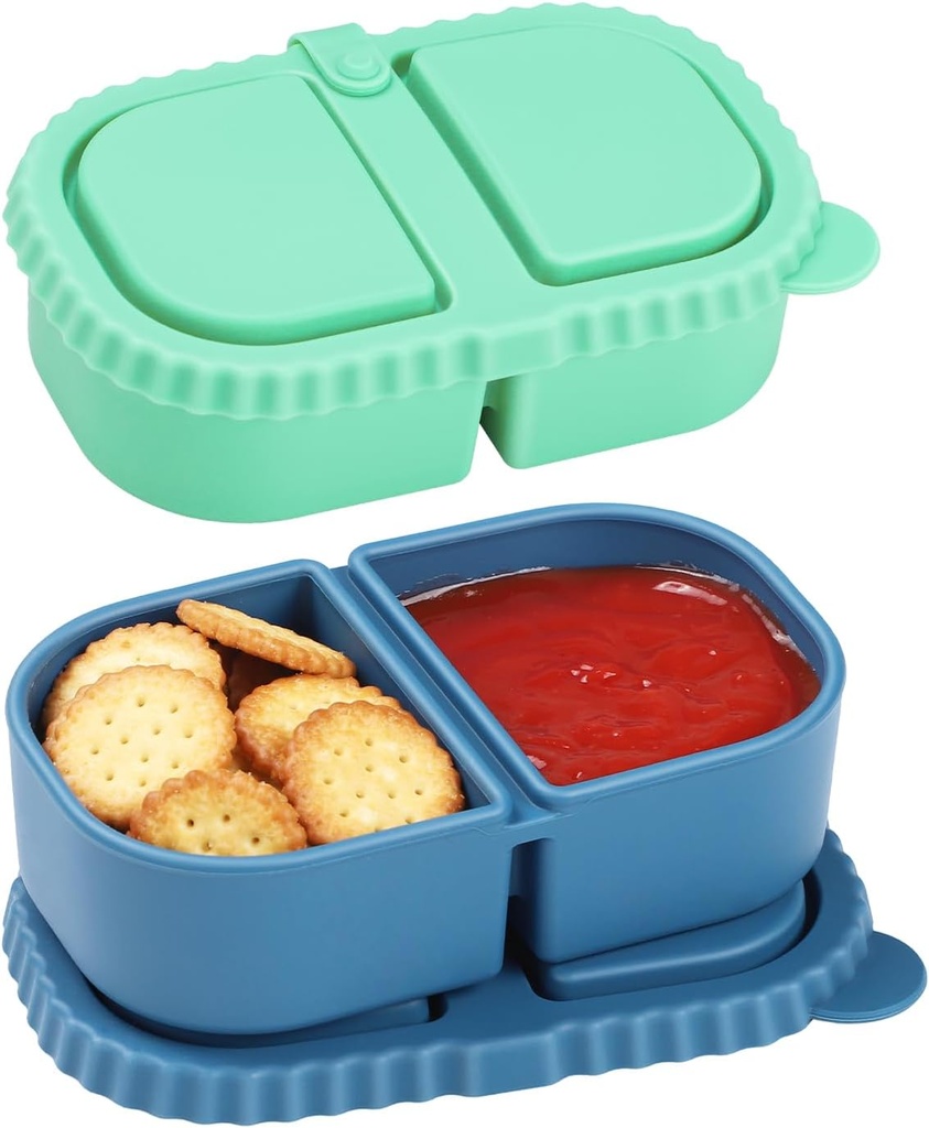 Silicone Snack Containers, 2 Pack Reusable Double Compartment Silicone Snack Boxes with Lids, Fruit and Salad Dressing Sauce Seasoning Container(Blue Green)