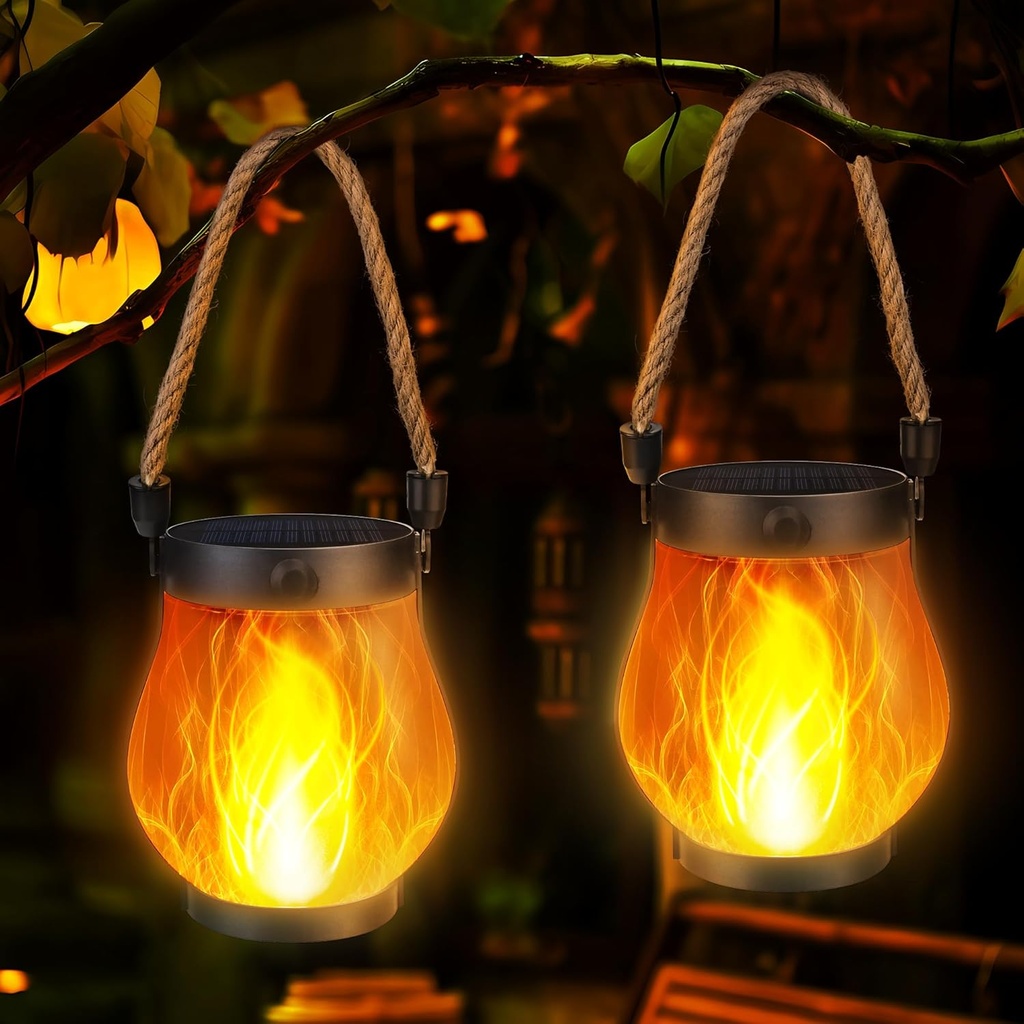 Solar Flame Lantern Hanging Outdoor Waterproof - 2 Pack Flame Lanterns with Dual Charging Modes of Solar & USB for Garden or Yard Christmas Decorations (Warm White - 2 Pack)