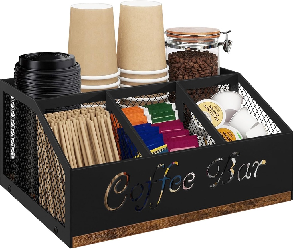 Coffee Station Organizer, Rustic Brown Wooden Countertop Coffee Bar Accessories Organizer with Metal Mesh Compartments for Pods, Syrup, Cups, Stirrer, Tea