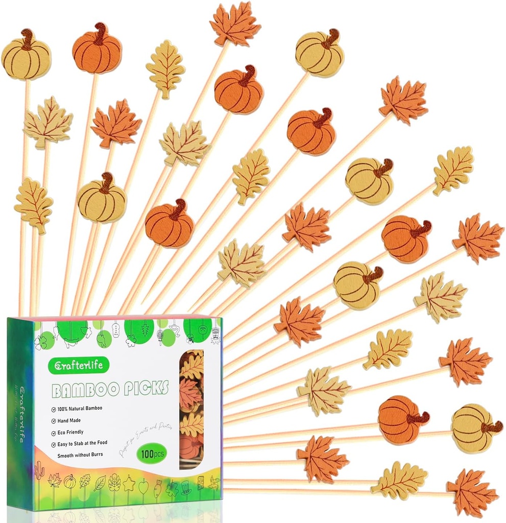 100pcs Pumpkin Maple Leaf Assorted Cocktail Picks 5″ Autumn Theme Decoration Toothpicks Skewers for Appetizers Charcuterie Board Accessories Food Garnish, Fall Thanksgiving Party Themed Decorations
