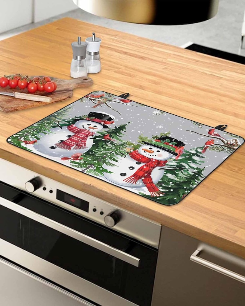 Christmas Countertop Burners Protection Mats for Kitchen, Snowman Christmas Pine Needle Bird Gray Rubber Stove Top Cover Mat, Heat Proof Mats Cooktop Cover for Counter Dish Drying Mat, 31"x24"