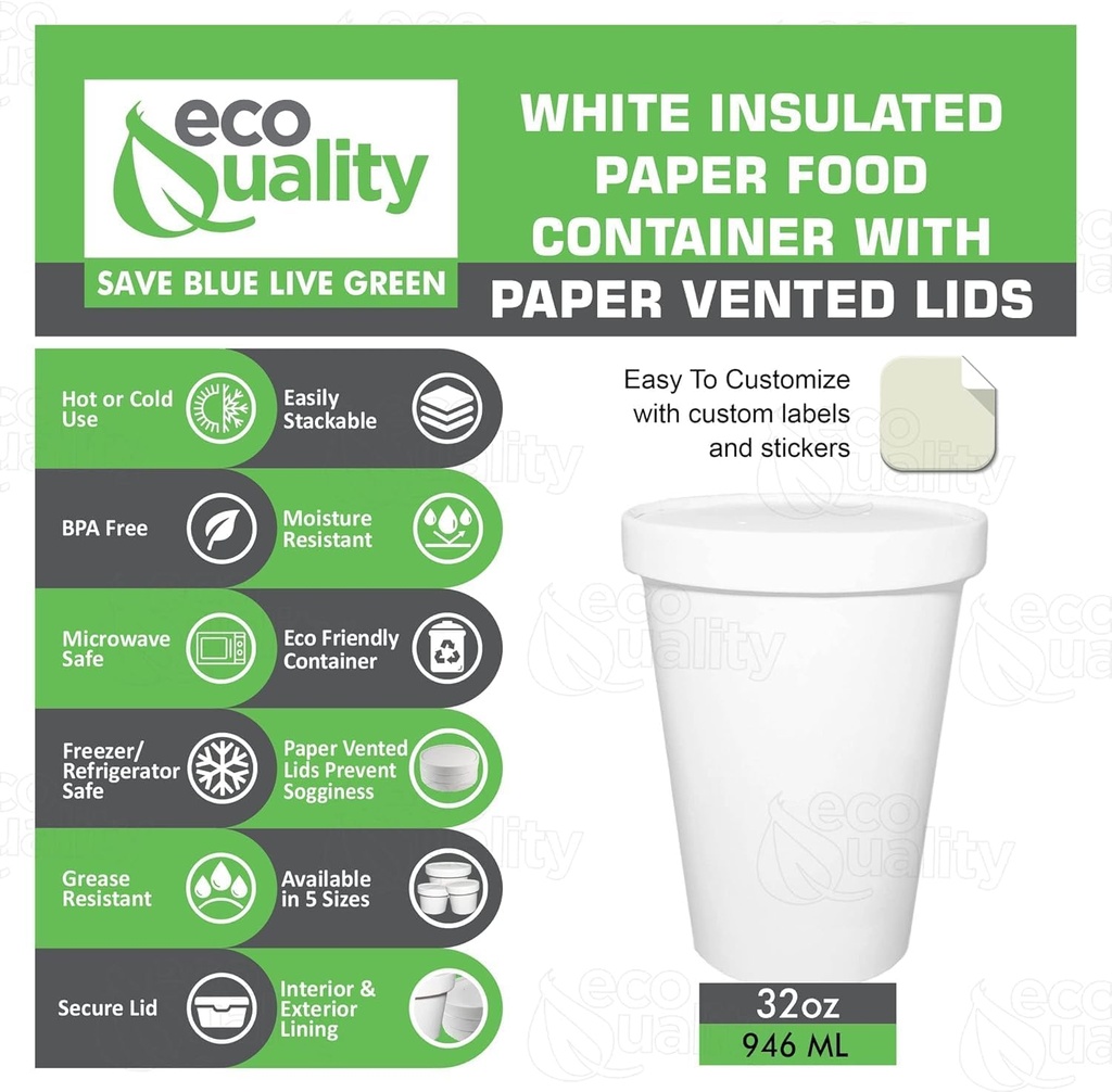 EcoQuality100 COUNT 32 oz Disposable White Paper Soup Containers with Lids COMBO - Quart Ice Cream Containers, Frozen Yogurt Cups, Microwavable, Take Out, To Go, Recyclable