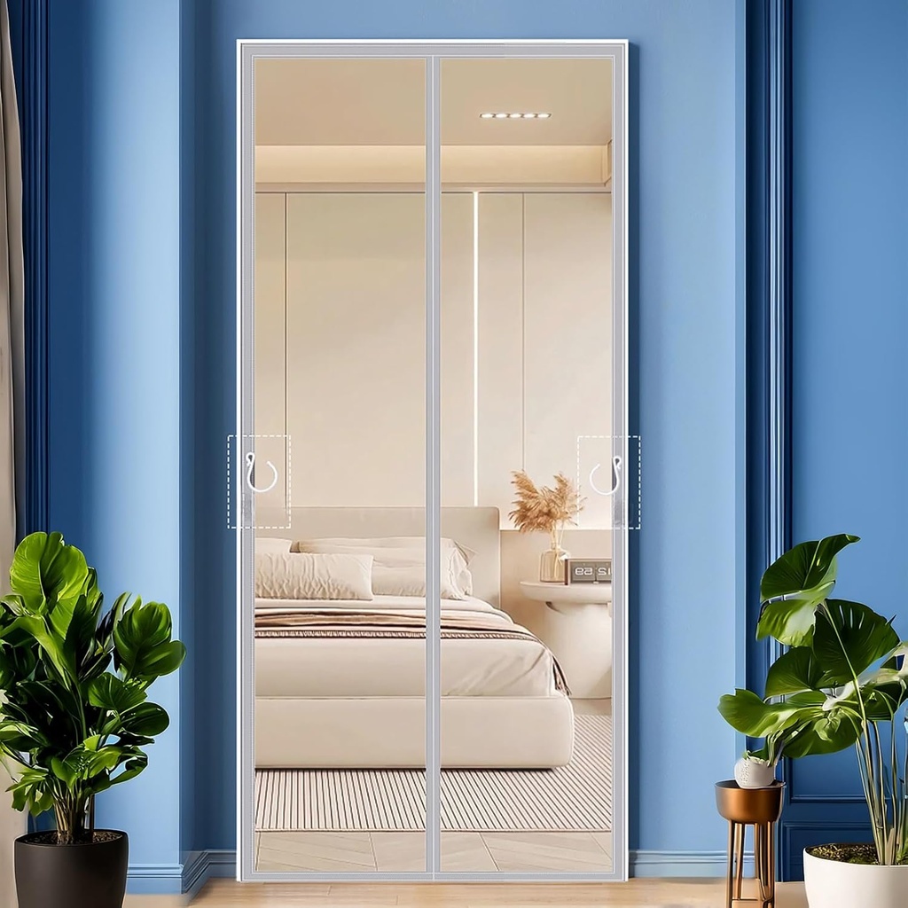 34x73in Mesh Fabric Screen Door for Garage Patio RV, Hook?and?Loop Fastener, Full Magnetic Strip, Hands,Free Clasp, Fine Mesh Screen, Heavy?Duty Counterweight, Custom Sizes White