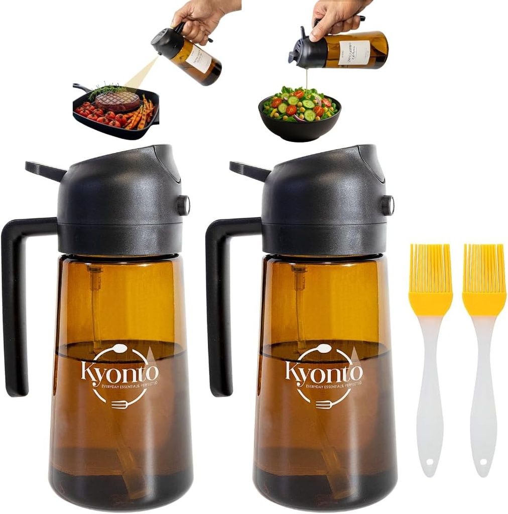 16oz/470 ml Olive Oil Spray Bottle (Set of 2), Premium BPA-Free 2 in 1 Kitchen Gadget with Stickers and Silicon Brushes, Oil Sprayer for Cooking, BBQ, Air Fryer, Salad