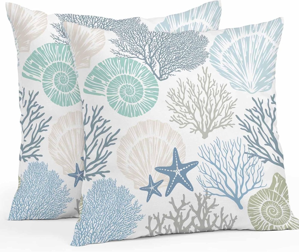 Coral Outdoor Throw Pillow Covers Pack of 2, Teal Marine Coral Abstract Geometric Waterproof Pillow Covers Pillowcase for Outside Furniture Bench Patio Garden Decorative, 18 x 18 inch