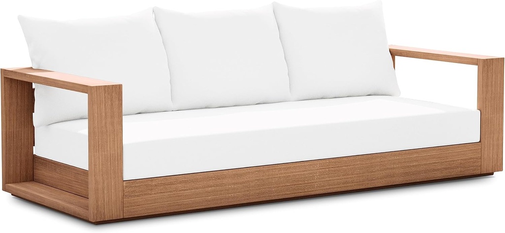 Meridian Furniture 353White-S Tulum Collection Modern | Contemporary Water Resisting Fabric Outdoor Sofa with Solid Teak Wood Frame, Off White Resilient Fabric, 87" W x 33.5" D x 22.5" H, White