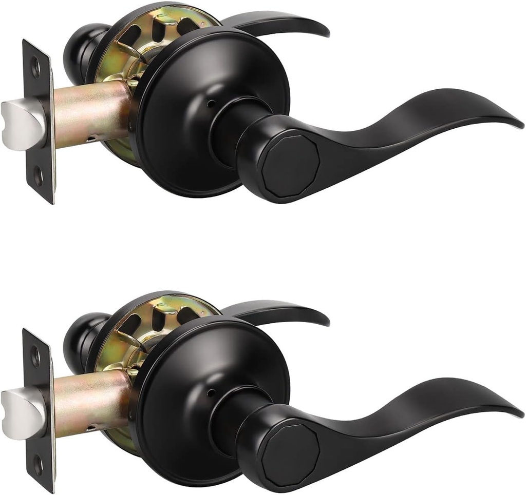 KNOBWELL 2 Pack Passage Lever Door Handle, Wave Style Door Handle, Reversible Handed Passage Lever, for Closet and Hall, Matte Black Finish