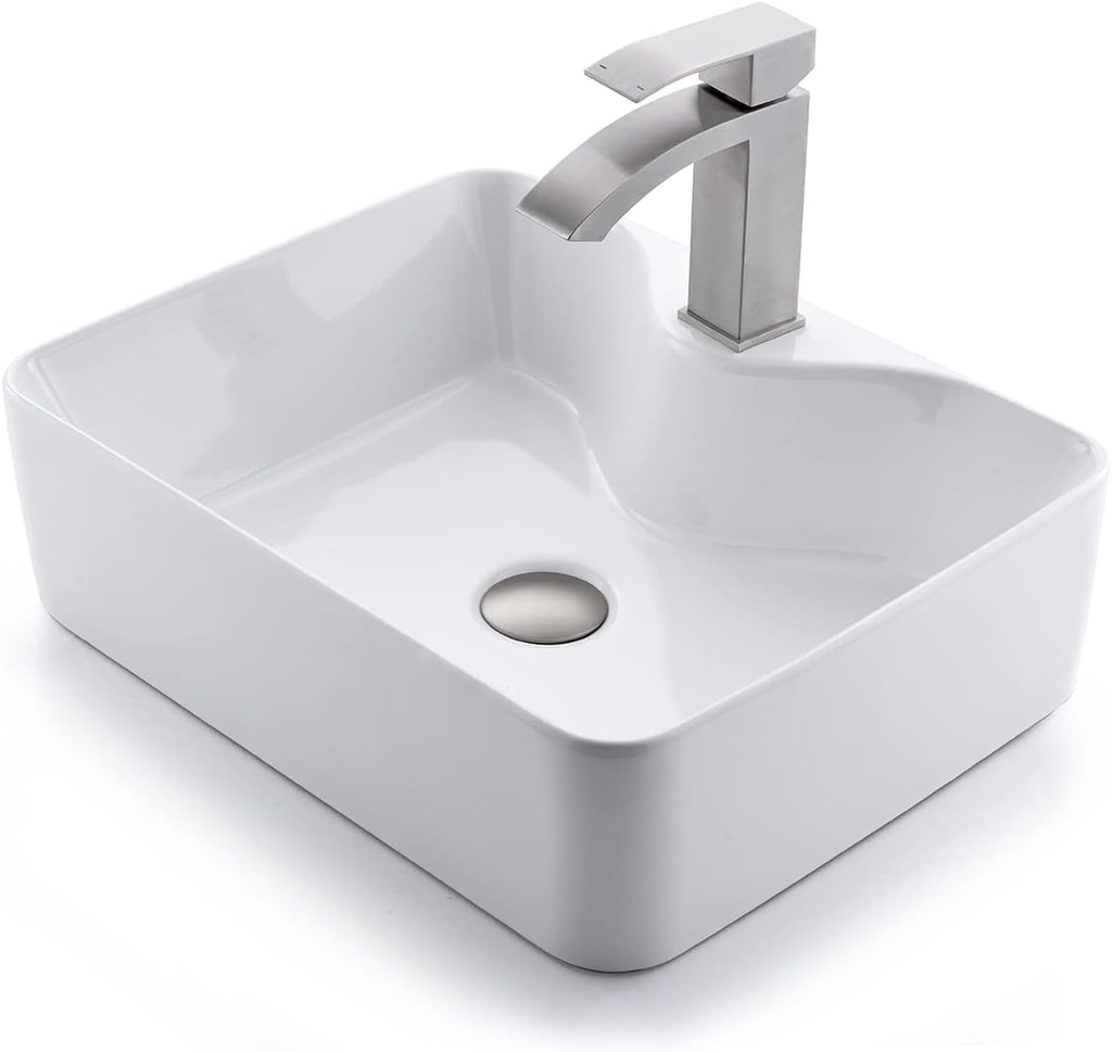 White Rectangle Ceramic Bathroom Vessel Sink With Bathroom Faucet, Luckyhorse 19x15 White Ceramic Porcelain Art Basin Above Counter Bathroom Vessel Sink With Stainless Steel Bathroom Faucet and Drain