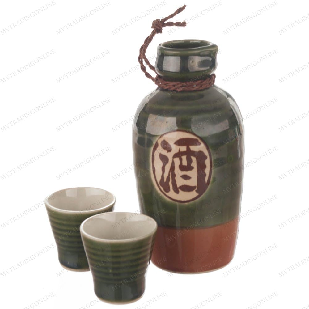 3 piece Japanese Kanji Sake Set (2 cups & 1 bottle) (Green)