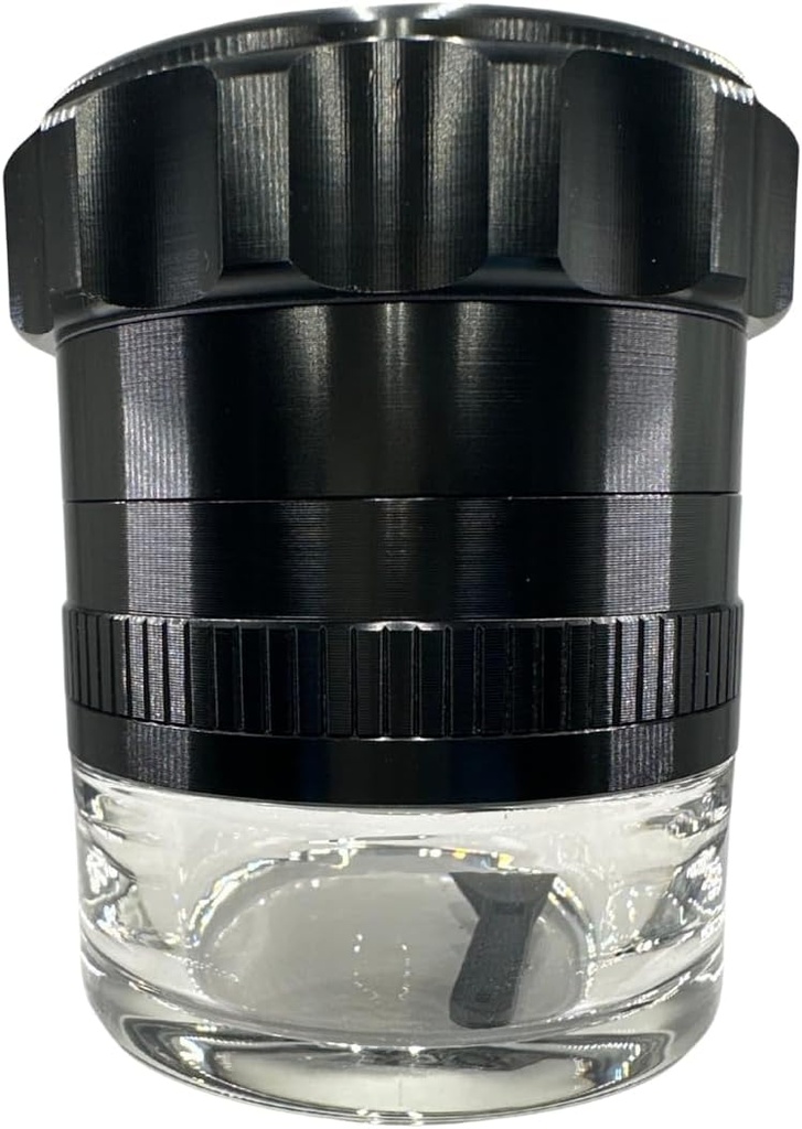 Spice Grinder. 2.5 inch herb grinder with jar attached. Jar offers a larger storage capacity. Anodized Aluminum alloy with glass bottom. (Black, 2.5 Inches x 3 Inches)