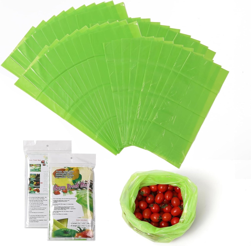 Reusable Produce Bag,Vegetable and Fruit Storage Bags 40PK, Green Color Fresh Bags Keep Vegetable and Fruit Stay Fresh Longer,Sterilization Bag,Salad Fresh Bag