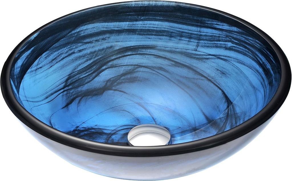 ANZZI Soave Modern Tempered Glass Vessel Bowl Sink in Sapphire Wisp, Blue Top Mount Bathroom sinks above counter, Round Vanity Countertop Sink Bowl with Pop Up Drain, LS-AZ048