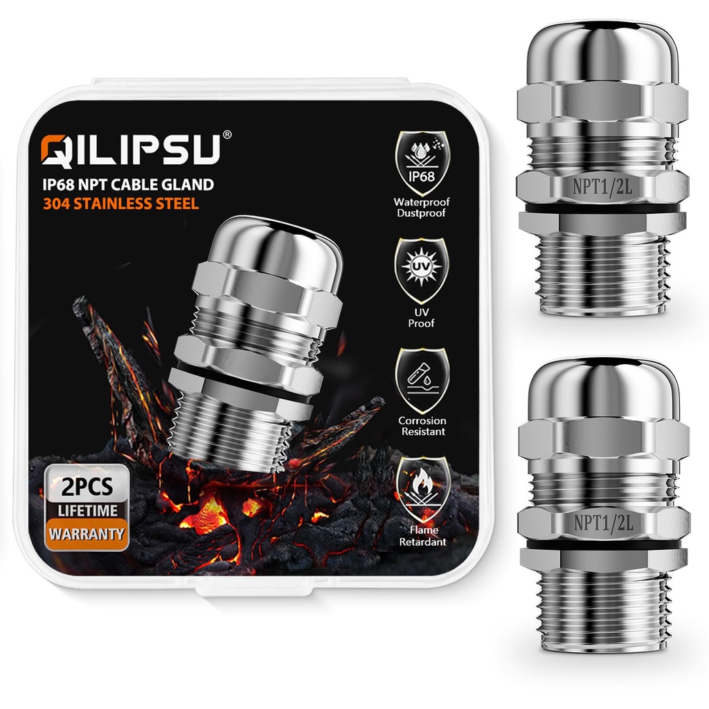 QILIPSU 2pcs 1/2" NPT 304 Stainless Steel Cable Gland Long Thread Waterproof IP68 Metal Strain Relief Cord Grip Cable Pass Through Wire Connector