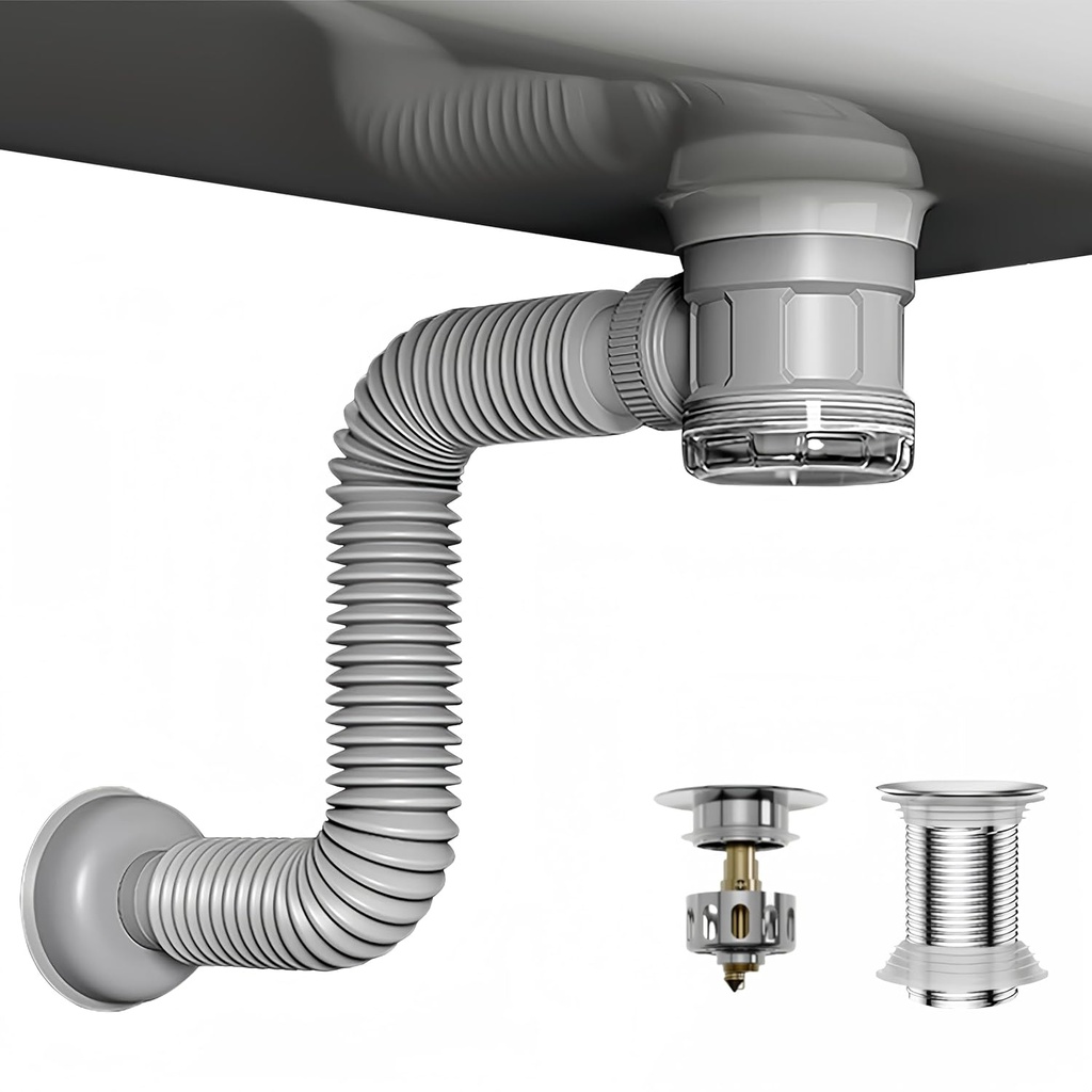 Bathroom Sink Drain Kit with Flexible Expandable Pipe: Odor-Free & Backflow-Preventing, Space-Saving Design without a P-trap, For 1-1/4'' & 1-1/2'' Drain Hole (Chrome, Without Overflow)