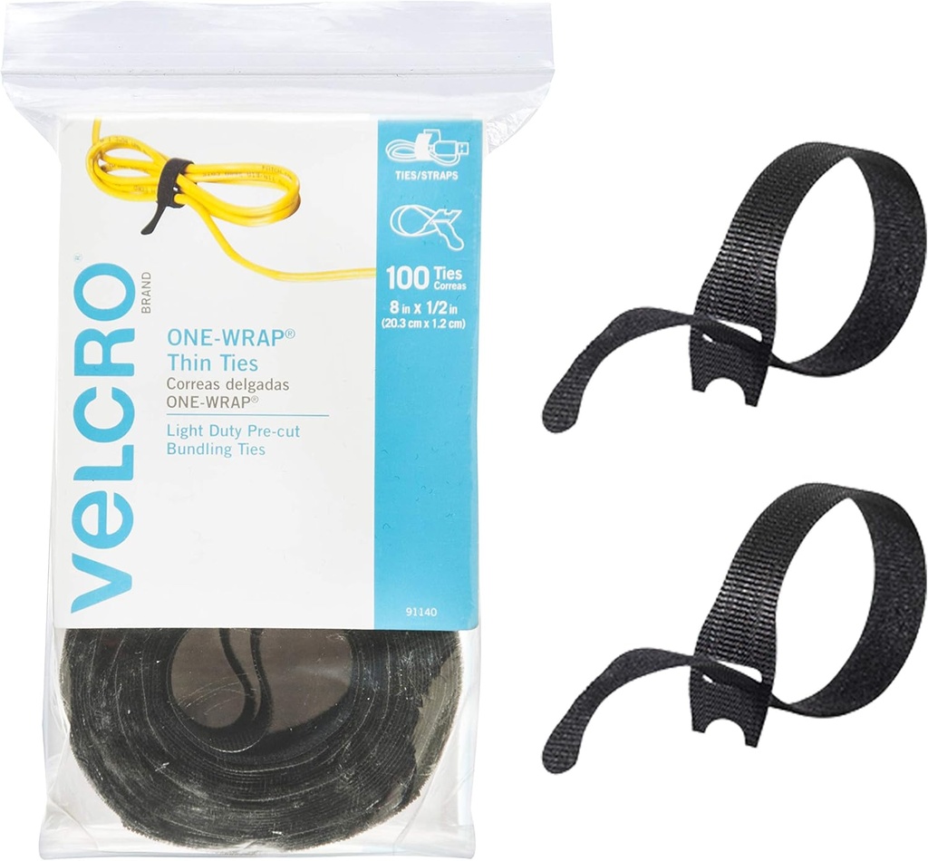 VELCRO Brand ONE-WRAP Cable Ties, 100Pk, 8 x 1/2" Black Cord Organization Straps, Thin Pre-Cut Design, Wire Management for Organizing Home, Office and Data Centers
