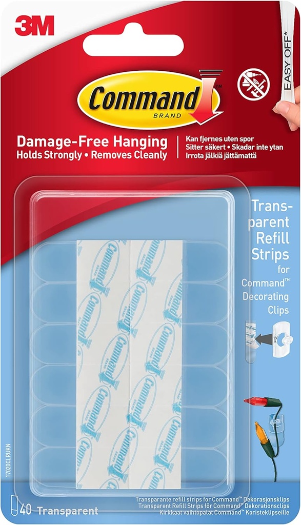 Command Mini Clear Refill Strips for Command Decorating Clips - 40 Adhesive Strips - Hanging Clips for Decorations and Fairy Lights - Damage Free Hanging