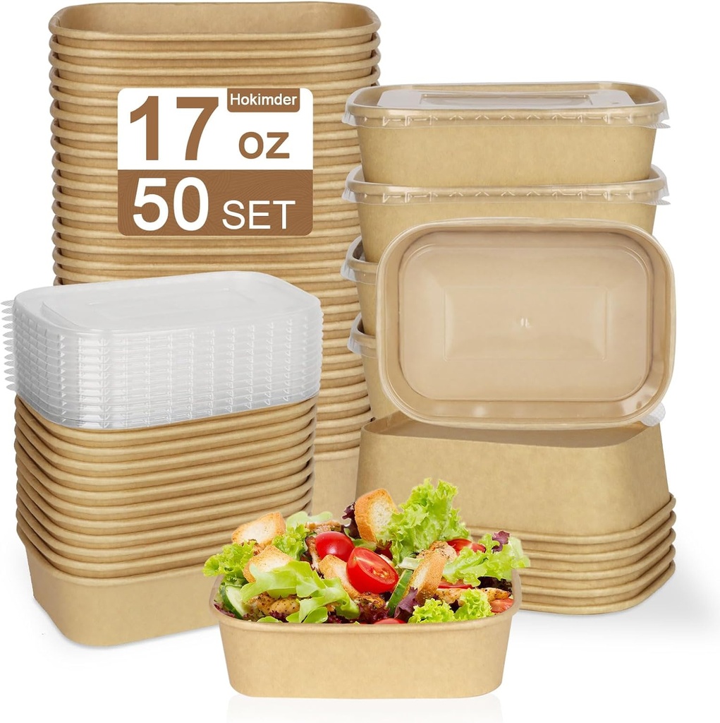 50 Pack 17oz Take Out Paper Food Containers with Lids, Disposable Compostable Paper Meal Prep Containers, Microwave and Freezer Storage Safe Cardboard Food Containers - 500ml