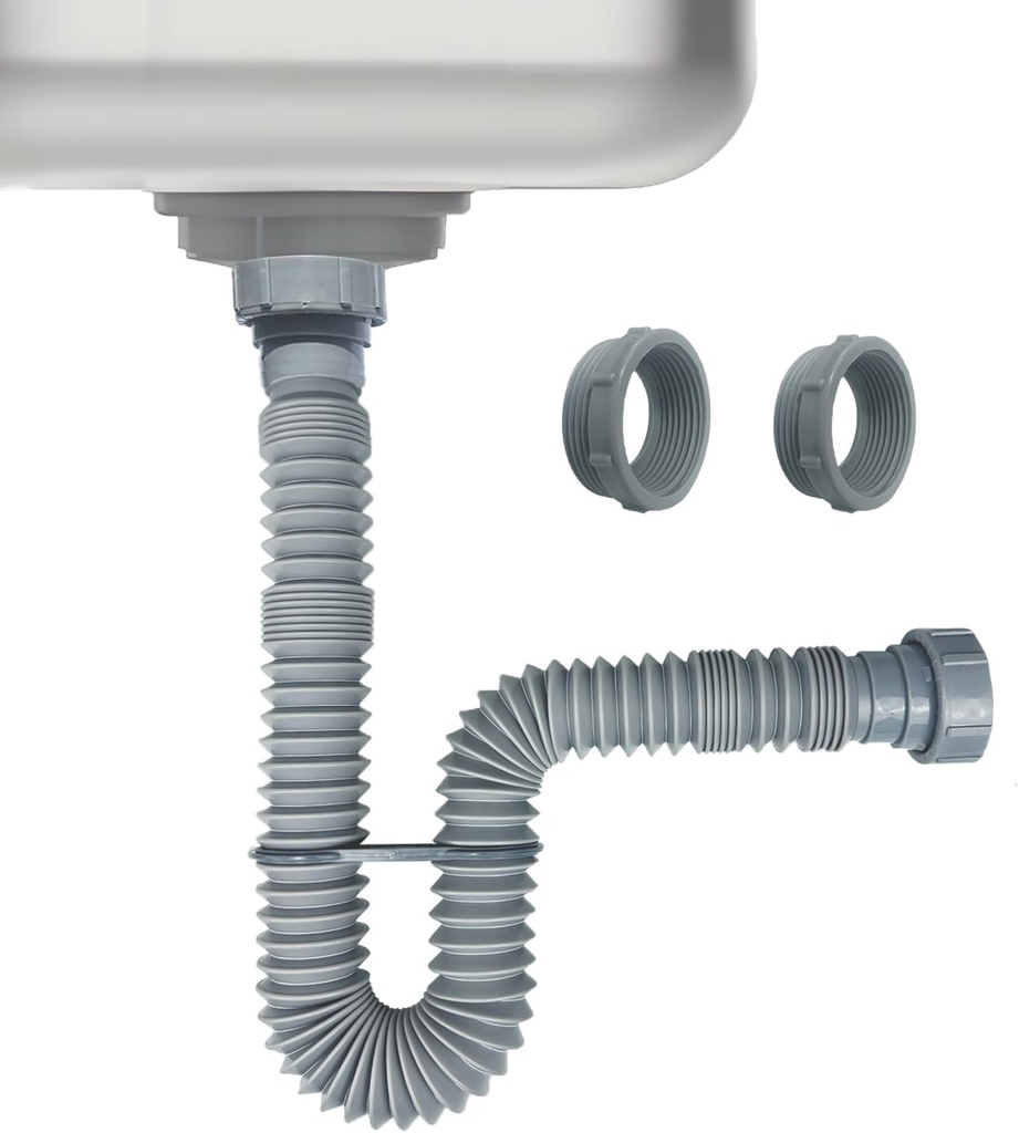 1-1/2 Inch Flexible Sink Drain Pipe, Scalable 13-33.5 Inch P Trap Pipe, Kitchen Sink Drain Kit，Bathroom Sink Drain, Contains 1-1/4 Inch Adapter (Gray)