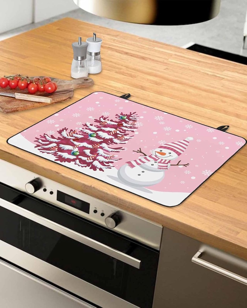 Christmas Countertop Burners Protection Mats for Kitchen, Christmas Tree Snowman Snowflakes Winter Pink Rubber Stove Top Cover Mat, Heat Proof Mats Cooktop Cover for Counter Dish Drying Mat, 31"x24"