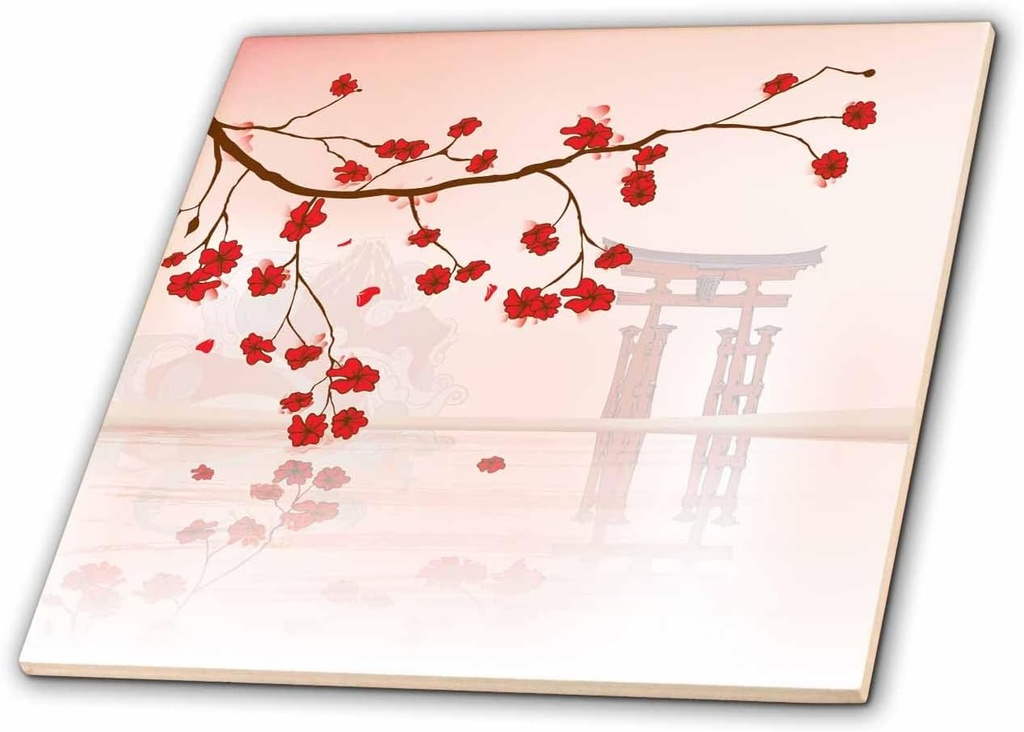 3dRose Beautiful Japanese Sakura Red Cherry Blossoms Branching Reflecting Over Water Oriental Vector Design-Ceramic Tile, 4" (ct_116168_1),Multicolor