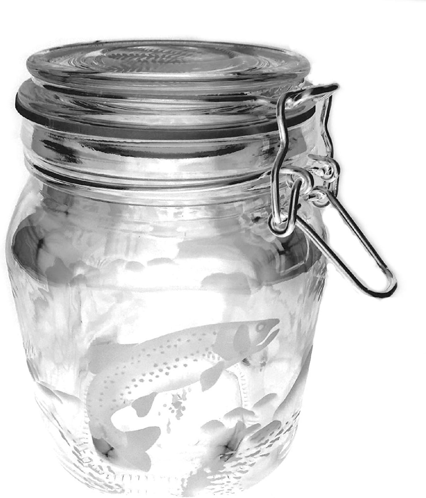 Hand Etched Glass Jar Airtight Canister Sandblasted (Sand Carved) Handmade Engraved Locking Wire Clamp Lid (38 Ounce, Rainbow Trout Fish Forest)