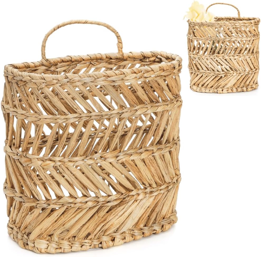 YOUEON Large Woven Hanging Storage Basket, 12x5x14 Inch Natural Water Hyacinth Wall Basket with Sturdy Iron Frame, Handwoven Front Door Flower Baksets for Home Garden, Boho Decor
