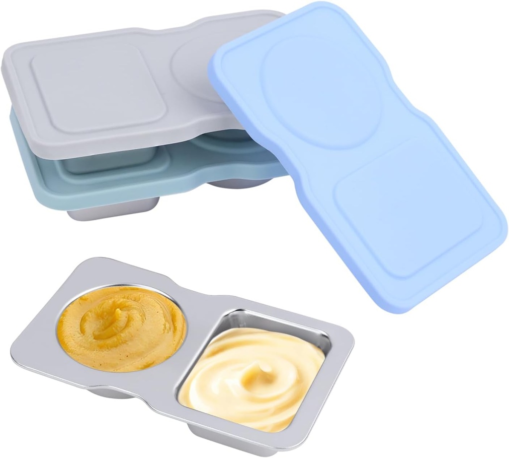 3 Pack Salad Dressing Containers,Double Compartment Small Condiment Containers with Silicone Cover,for Holding Salad,Sauce,Nuts, Leak-Proof Reusable Stainless Steel Container for Office,Picnic,Travel