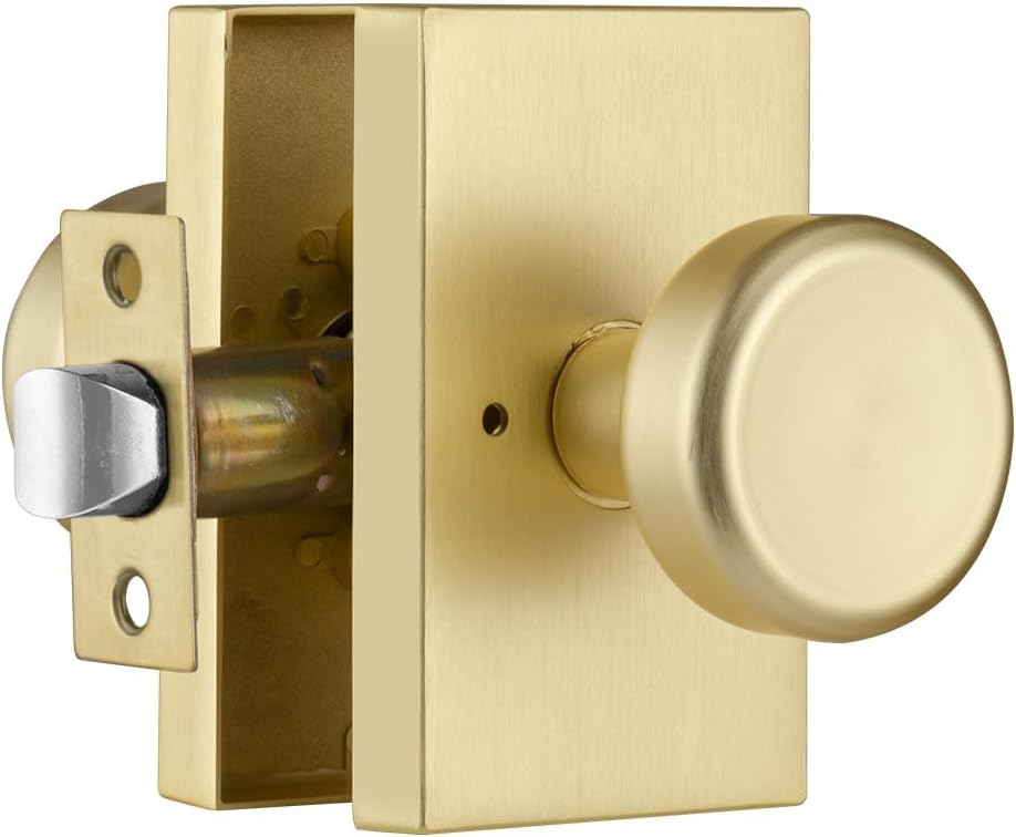 Gold Door Knobs,Interior Door Handles for Bath & Bed, Satin Brass Heavy Duty Door Knob with Lock