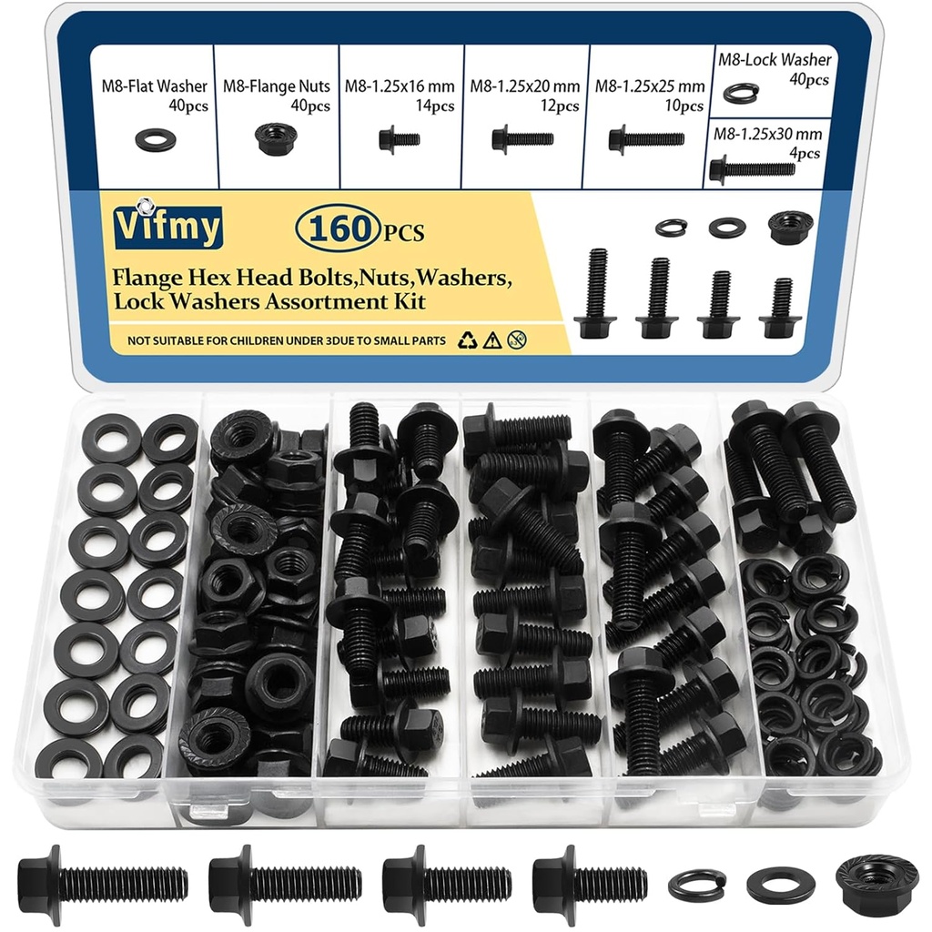 M8-1.25 Bolt x (Length 16/20/25/30mm) Flange Head Bolts Assortment Kit (160 Piece) with 8mm Bolt, Serrated Flange Nuts, Washers, Alloy Steel Black Oxide Finish Plated, Full Thread