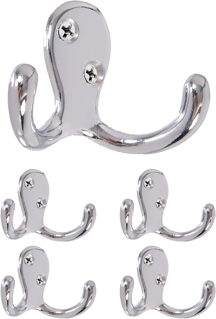 Double Robe Hook 5 Pack Chrome with Screws Wall Mounted Towel Scarf