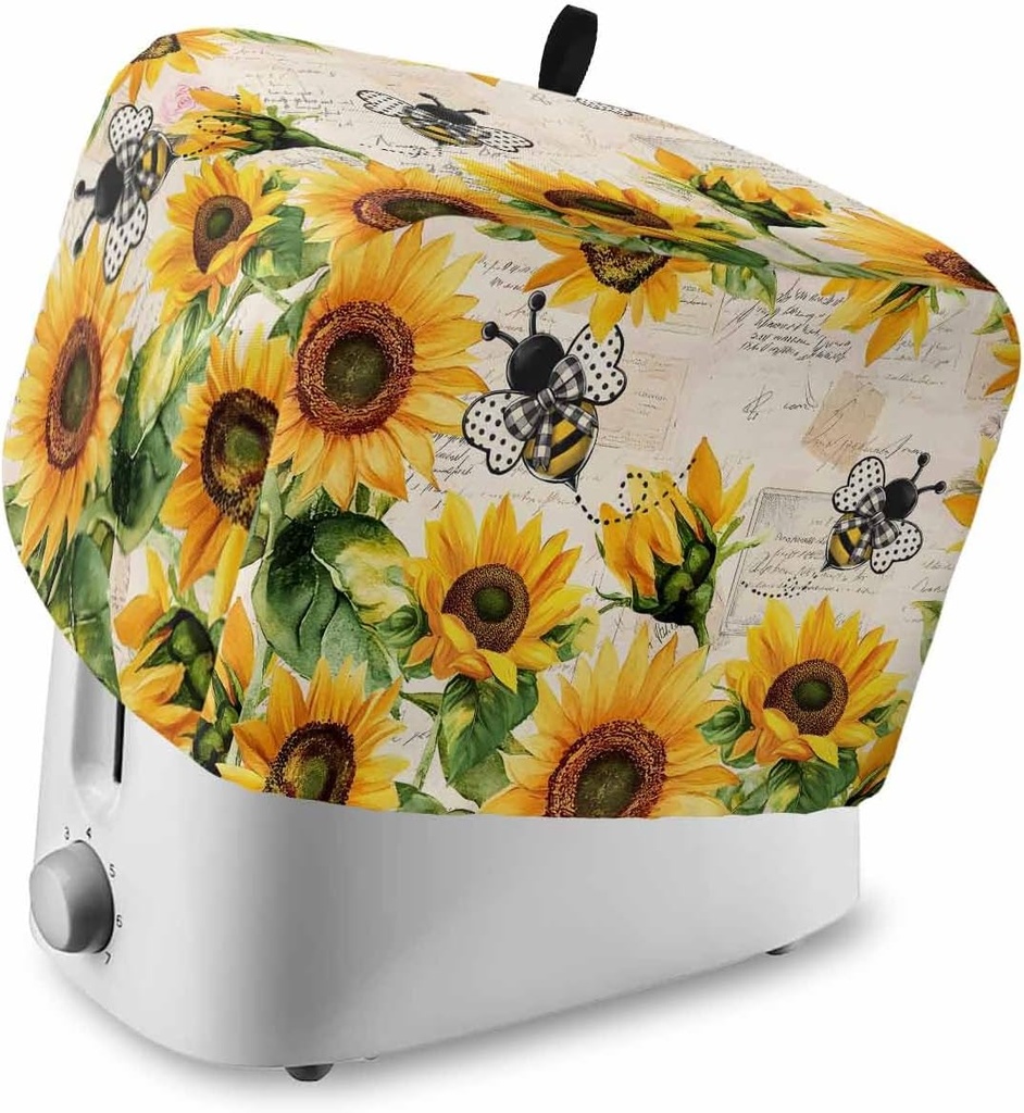 Sunflower Toaster Cover 4 Slice, Pink Rose Bee Vintage Country Style Bread Maker Cover Toaster Dust Cover with Pockets, Dust-Proof Cover for Kitchen Small Appliance Bread Machine Cover 12x11x8in